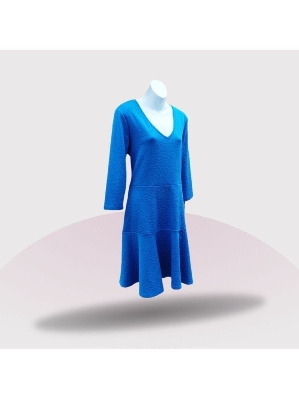 NY Collection Blue V-Neck 3/4 Sleeve Flare Dress Large - Picture 2 of 8